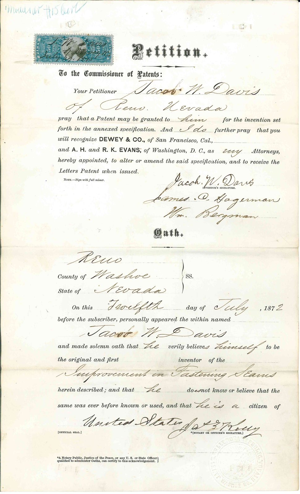 Patent 139,121, riveted pocket openings, 1873